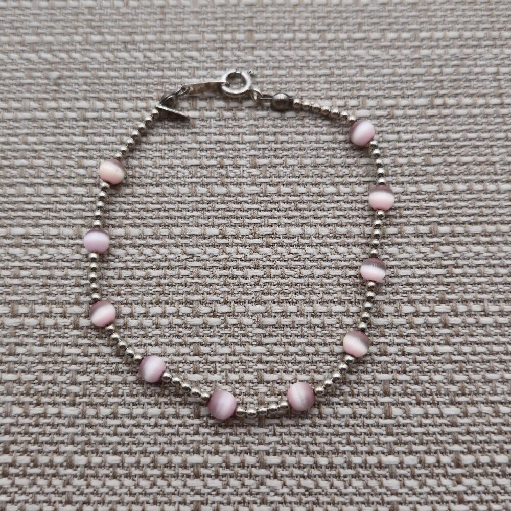 7.5 Inch Sterling Silver Pink Cat's Eye Stone Rustic Bracelet A2867